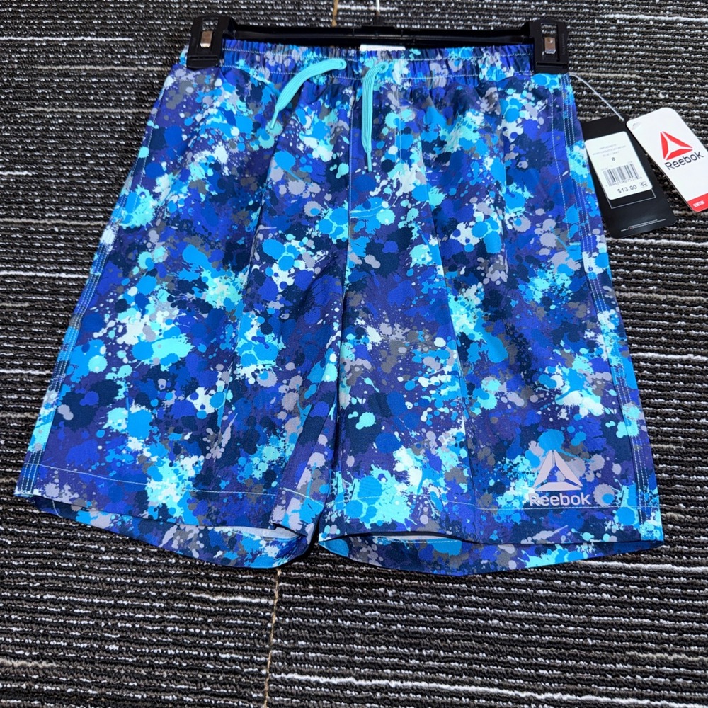 Reebok Swim Trunks Boys 8 New Blue Gray Paint Splatter Shorts RBPDQ2401B